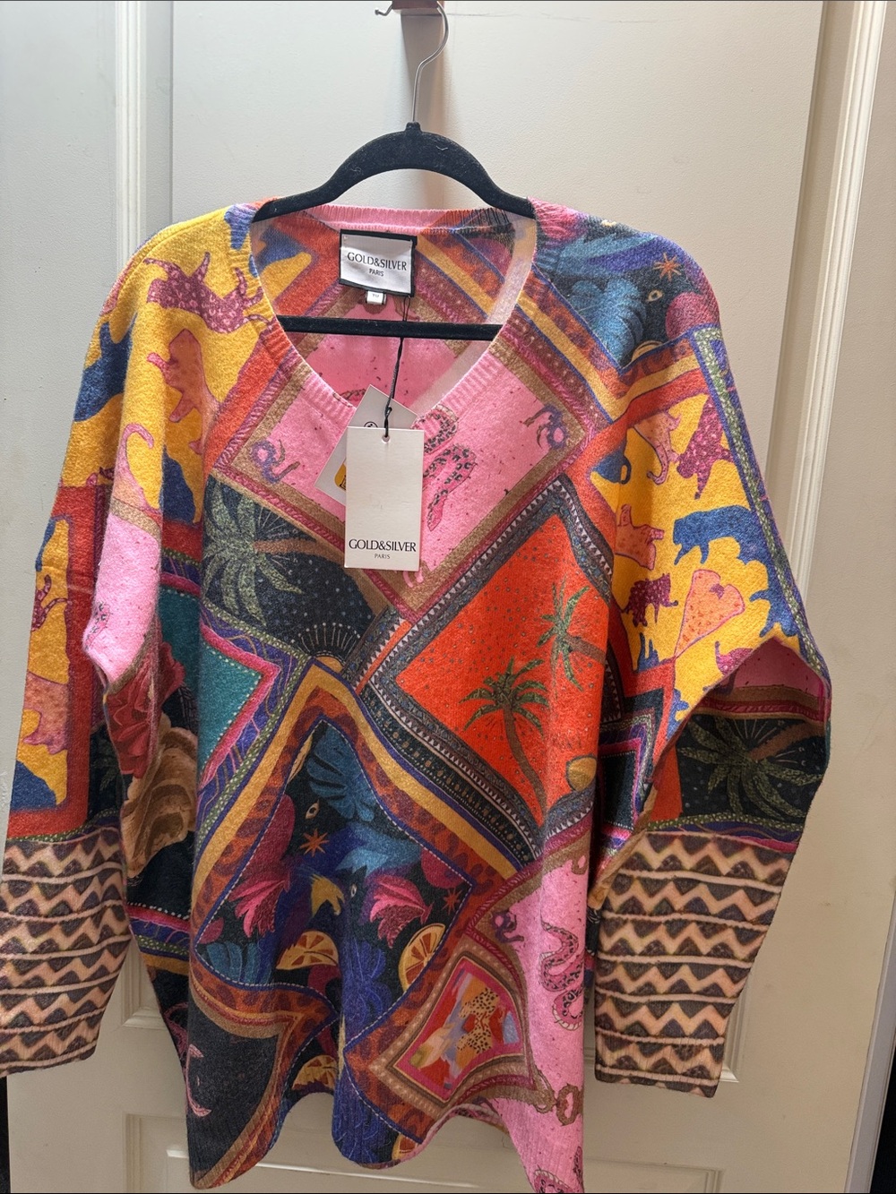 Gold &sikver Multicolor Patchwork V-Neck Sweater - Pink, Yellow, Orange, Blue